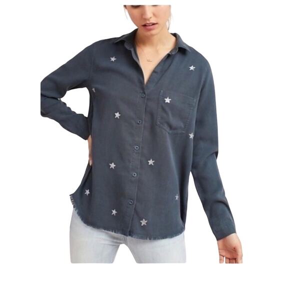 Cloth & Stone blue silver star plunge neckline button long sleeve shirt SIZE S - Picture 2 of 7